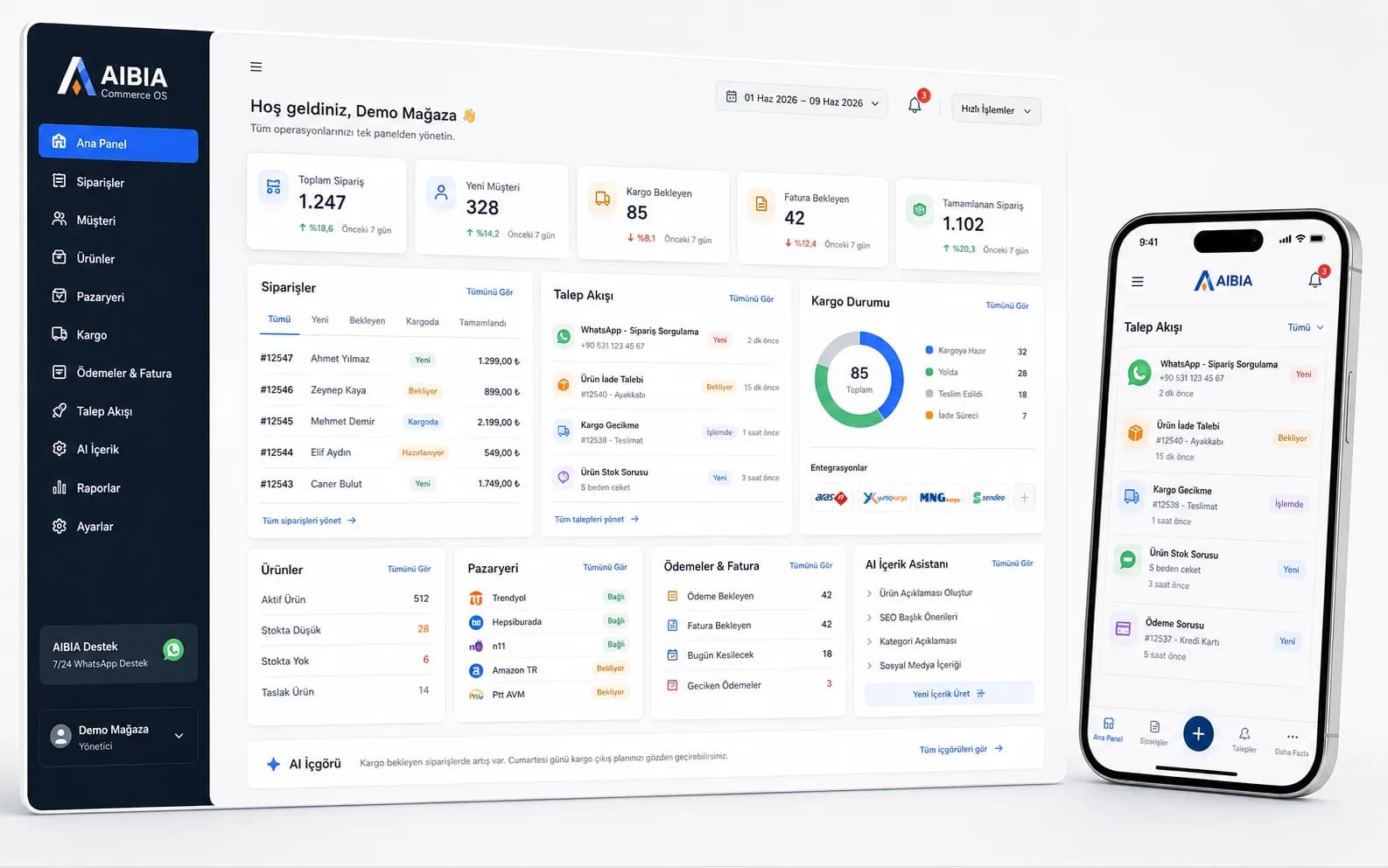 AIBIA Commerce OS sipariş yönetimi ve müşteri iletişimi paneli