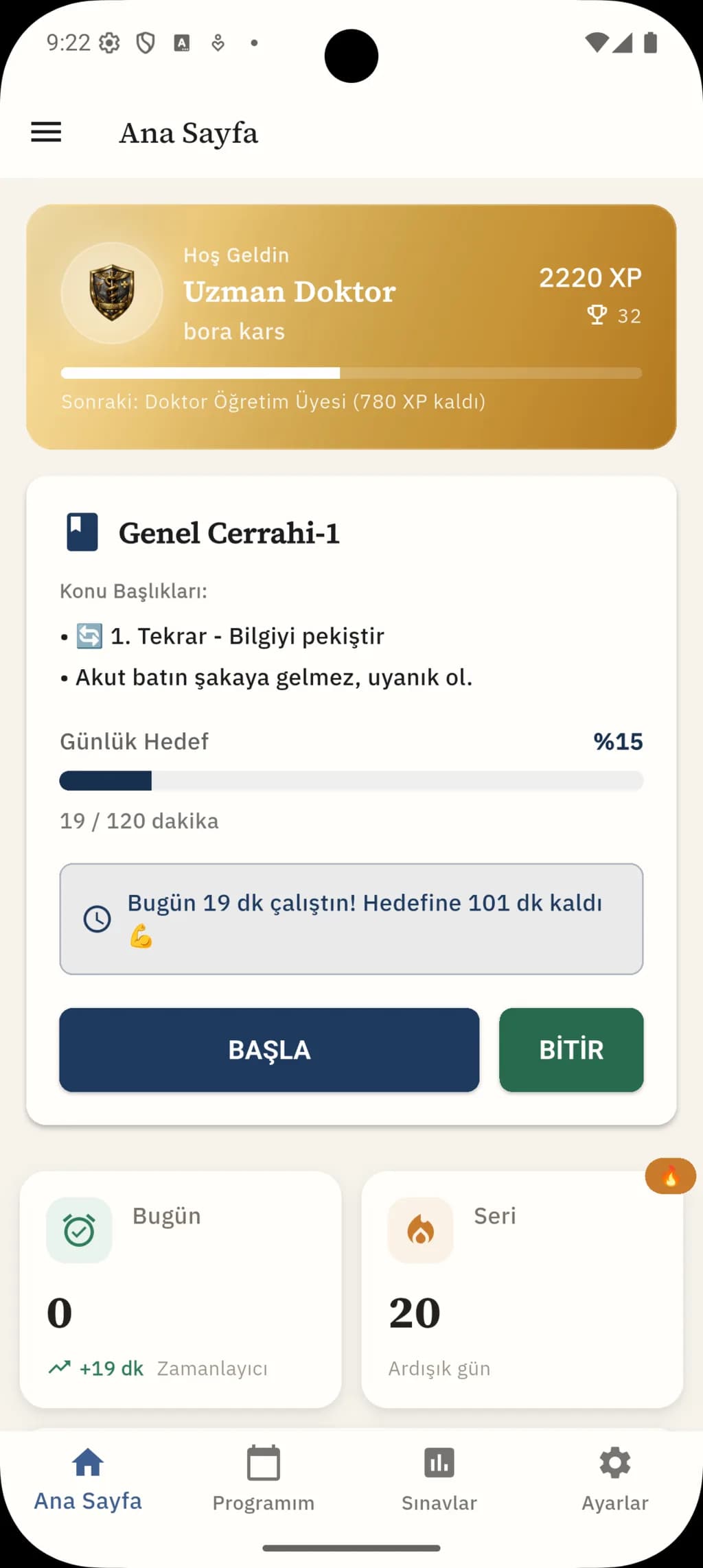 TUSCoach mobil uygulama ana ekranı