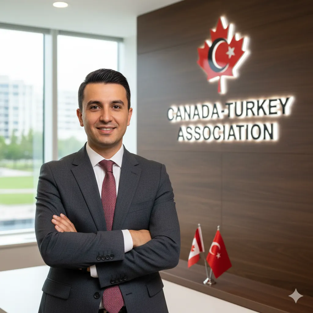 A man in a suit stands in front of the Canada-Turkey Association office with the flags of Canada and Turkey.